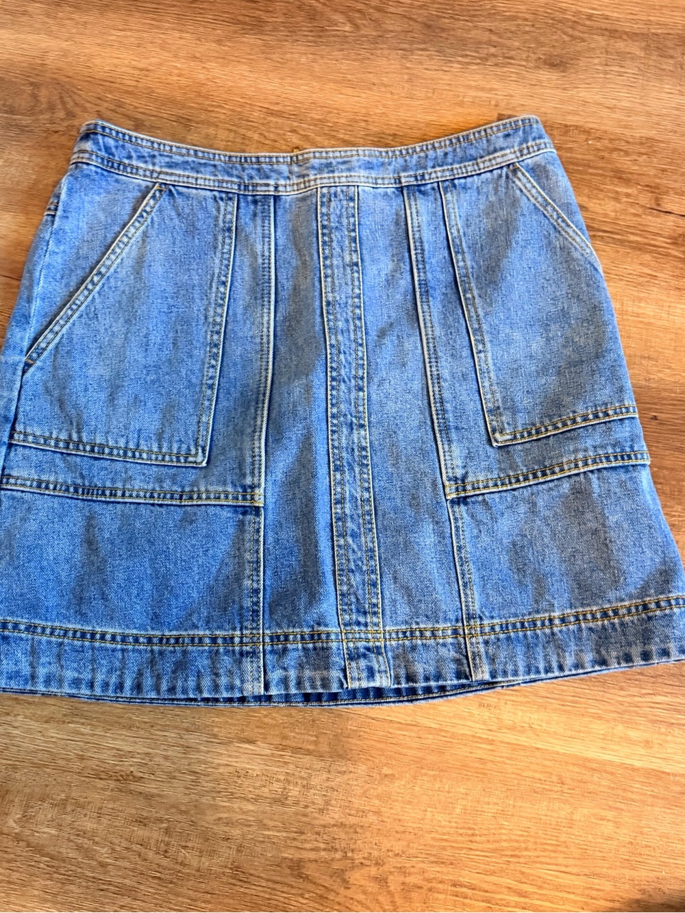 CAbi Light Blue Denim Mini Skirt with Patch Panels